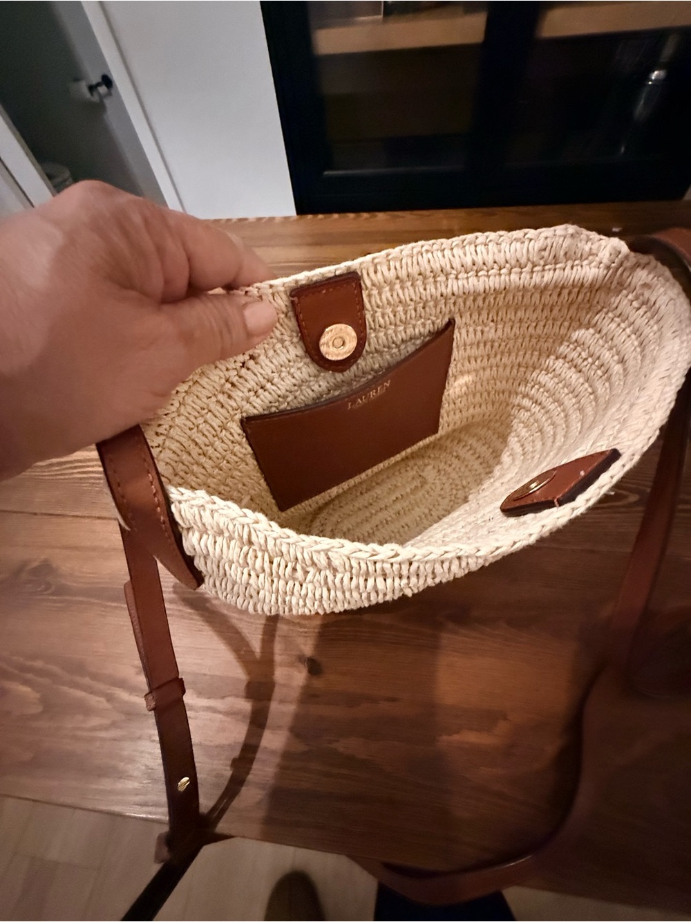 Lauren Ralph Lauren Cream Straw Crossbody with Brown Leather Logo - Picture 2 of 8